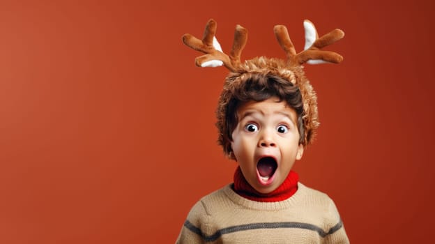 Surprised little boy wearing reindeer antlers holding gift box. Christmas holidays. Boxing Day shopping. Holiday shopping.