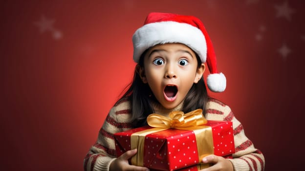 Surprised little girl in Santa Claus hat holding gift box. Christmas holidays. Boxing Day shopping. Holiday shopping.