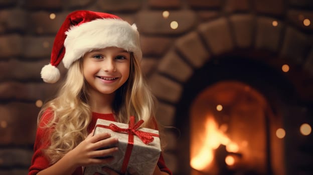 Cute little girl wearing red Santa hat and smiling. Christmas and New Year concept. Copy space
