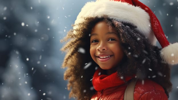 Happy African American kid is looking to the camera. Christmas holiday shopping. Give and share kindness