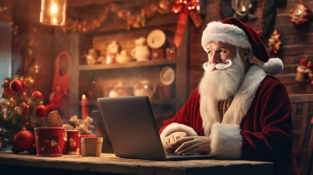 Happy old Santa Claus using laptop computer at home late on Christmas eve. Ecommerce website Boxing Day time holiday online shopping e commerce sale