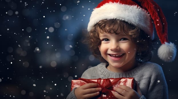 Cute little boy wearing red hat and holding gift box. Christmas and New Year concept. Copy space