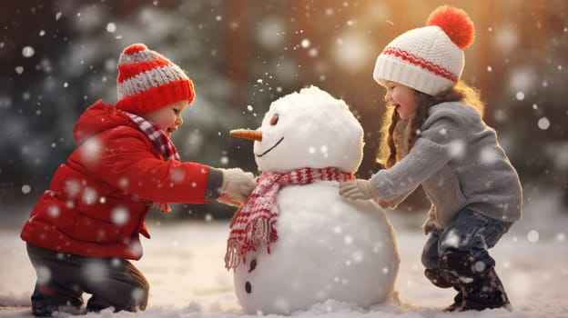 Kids building snow man playing outdoors on sunny snowy winter day. Outdoor family fun on Christmas vacation