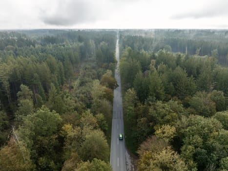 Lonely Road Through Misty Forest Aerial View