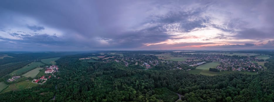 Dusk Over Schaeftlarn: Aerial View of Village and Fields.