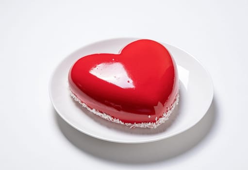 Valentines day. heart shaped glazed valentine cake on white plate on white background, isolated