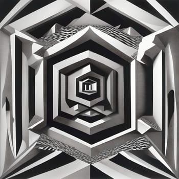 Monochrome abstract geometric shapes forming an optical illusion.