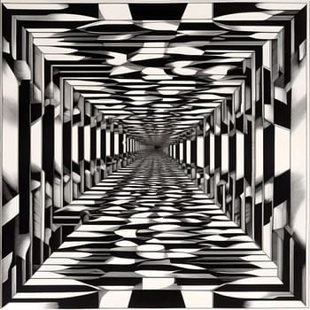 Monochrome abstract geometric shapes forming an optical illusion.