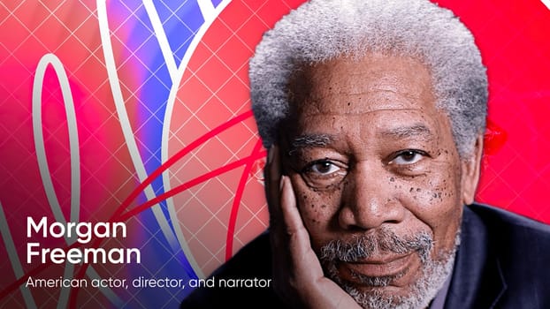 Morgan Freeman face on abstract geometric background. Motion. Celebrity presentation against colorful shapes. For editorial use only