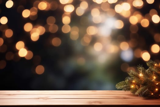 Merry Christmas and Happy New Year background with empty wooden table over Christmas tree and blurred light bokeh. Empty display for product placement. Rustic vintage Xmas 2024 background. comeliness