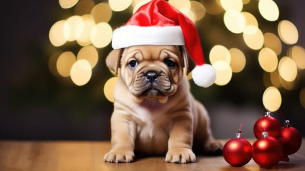 Adorable dog wearing Santa hats at room decorated for Christmas comeliness
