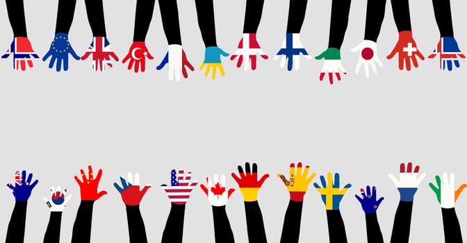Children's hands painted in the colors of the world flags