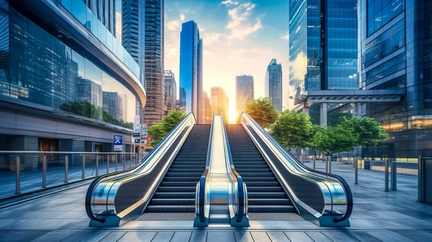 A modern escalator ascends into a bustling cityscape, capturing the essence of urban dawn.