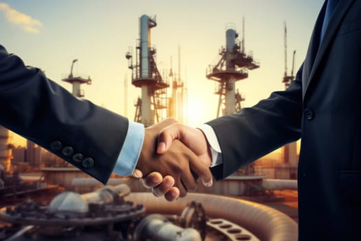 Businessmen shaking hands on background with oil derricks. Business deal concept.