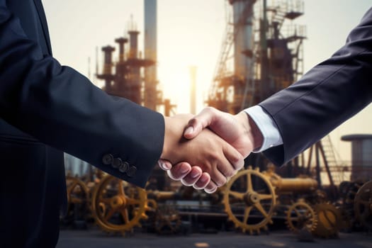 Businessmen shaking hands on background with oil derricks. Business deal concept.