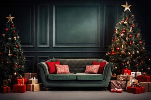Christmas background with Christmas tree, gifts and sofa against a wall with empty space. Mock up. Christmas card