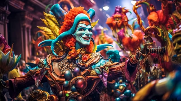 Exuberant carnival scene filled with elaborate floats and vibrant colors, a celebration of culture and festivity.