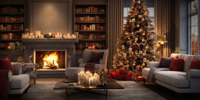 Interior of decorated living room with Christmas tree and comfortable sofa for family comeliness