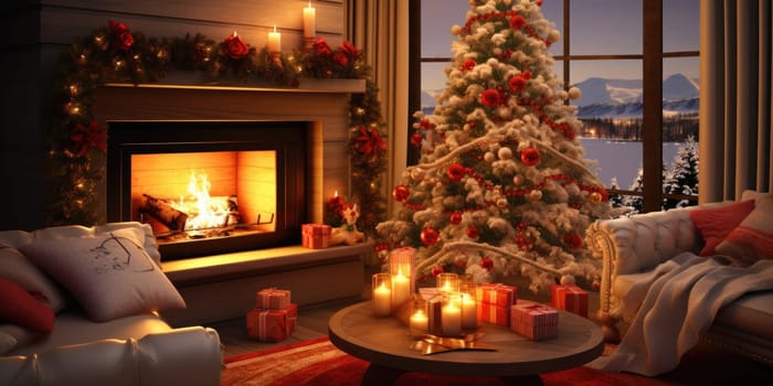 Interior of decorated living room with Christmas tree and comfortable sofa for family comeliness