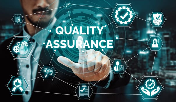 Quality Assurance and Quality Control Concept - Modern graphic interface showing certified standard process, product warranty and quality improvement technology for satisfaction of customer. uds