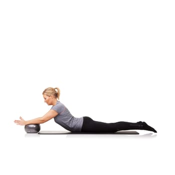 Woman, ball and arm balance for stretching on yoga mat for workout performance, wellness or white background. Female person, gym equipment and fitness in studio for mockup space, challenge or health.