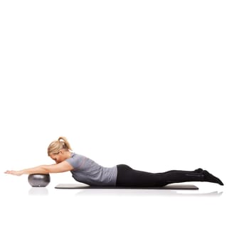 Stretching, yoga exercise or woman on ball in workout, training or body health isolated on a white studio background mockup space. Flexible, mat or person on equipment for balance, pilates or fitness.