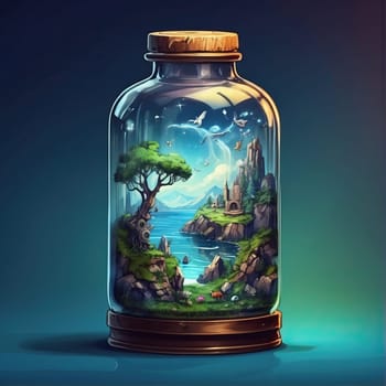 Fantastic illustration in a transparent bottle. AI generated