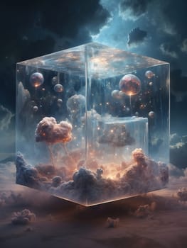 Fantastic illustration in a transparent cube. AI generated