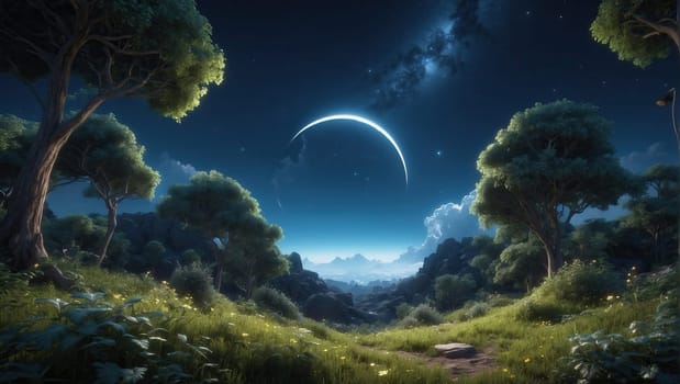 Forest in the moonlight. AI generated