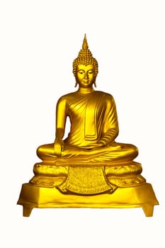 Golden Buddha in sitting position on whitw background