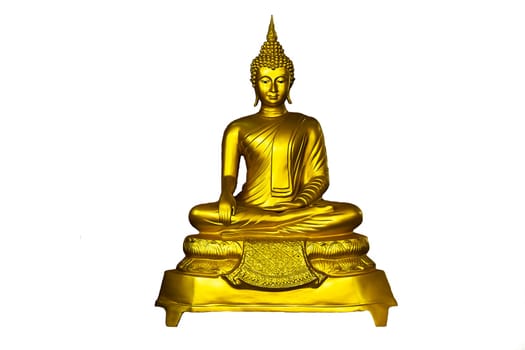 Golden Buddha in sitting position on whitw background