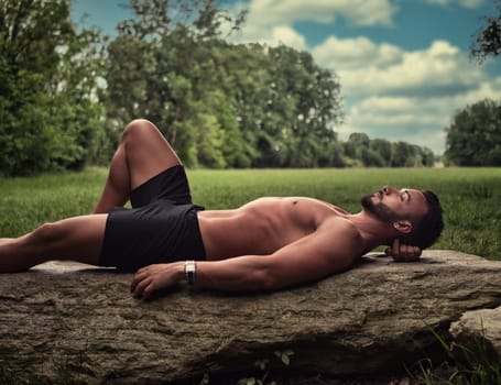 A muscular shirtless man laying on top of a rock in a field, looking up at the sky