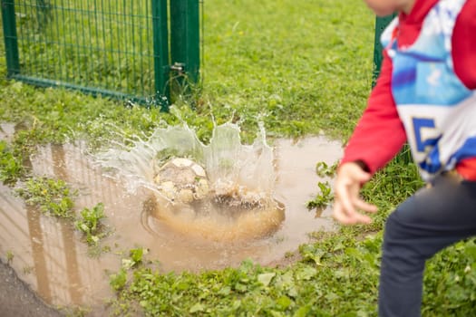 Child threw ball into puddle. Hit water. Splash game. Boy makes throw.