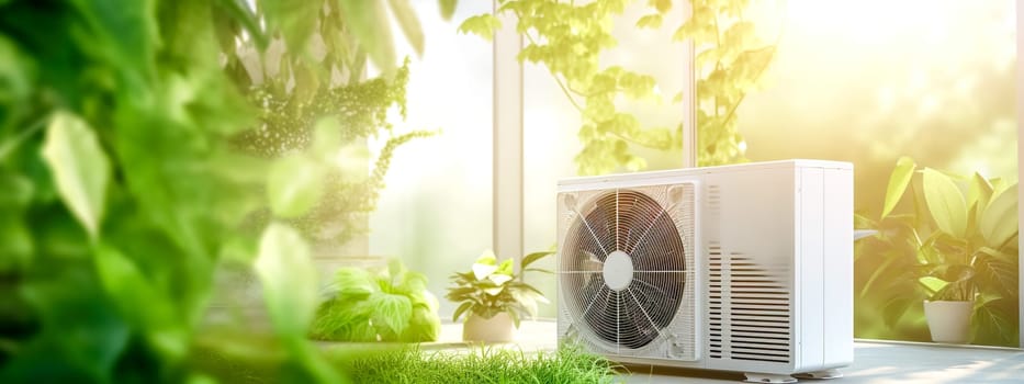 Modern eco-friendly air conditioning unit installed outside a green home with lush vegetation, showcasing sustainable living and energy efficiency, banner with copy space