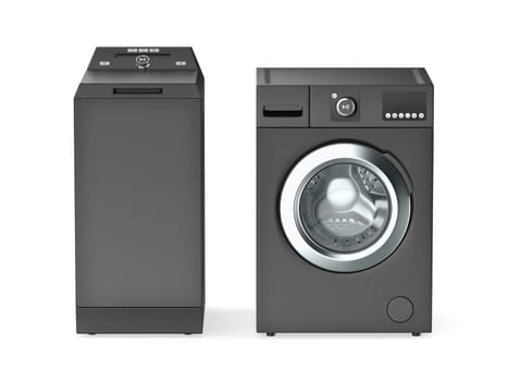 Top and front load washing machines on white background