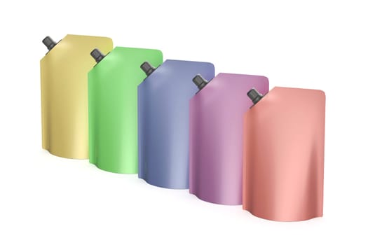 Row with five stand-up pouches with different colors