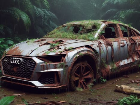 Abandoned rusty expensive atmospheric 4x4 suvas circulation banned for co2 emission 2030 agenda , severe damage, broken parts, plants overgrowth bloom flowers. ai generated