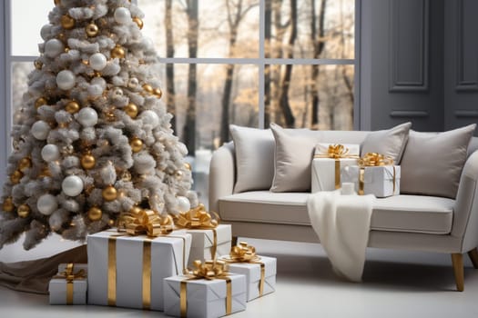 White modern home decorated for Christmas or New Year with a Christmas tree and gifts, a sofa and an illuminated window creating a warm festive atmosphere.