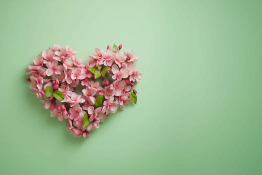 Gift with love for valentine's day heart shaped pink flowers banner postcard with empty space on green background. Generative AI.