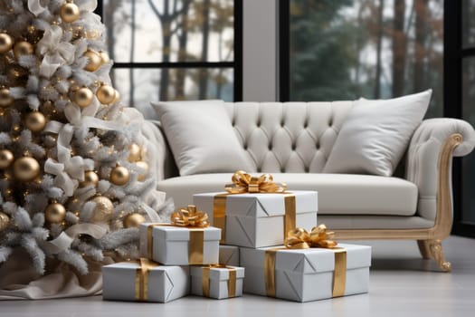 White modern home decorated for Christmas or New Year with a Christmas tree and gifts, a sofa and an illuminated window creating a warm festive atmosphere.