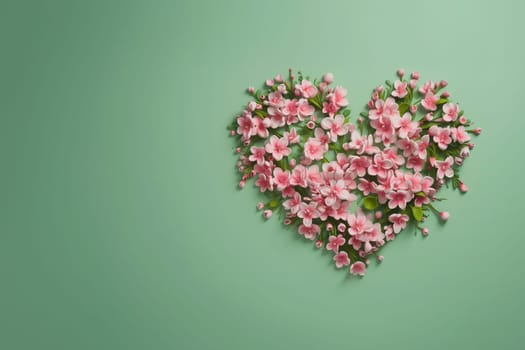 Gift with love for valentine's day heart shaped pink flowers banner postcard with empty space on green background. Generative AI.