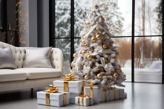 White modern home decorated for Christmas or New Year with a Christmas tree and gifts, a sofa and an illuminated window creating a warm festive atmosphere.