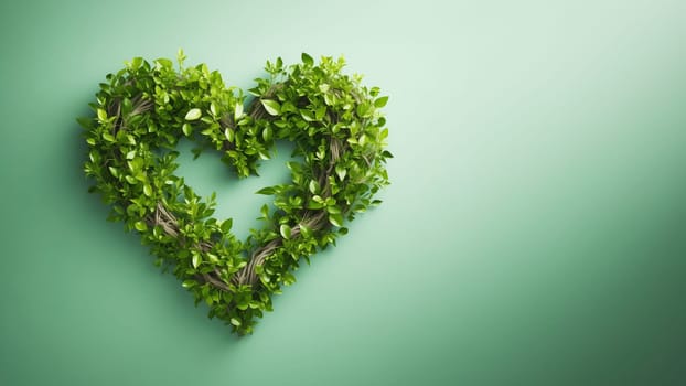 Valentine's day heart shaped natural tree branches with green fresh foliage banner postcard with empty space on green background. Generative AI.