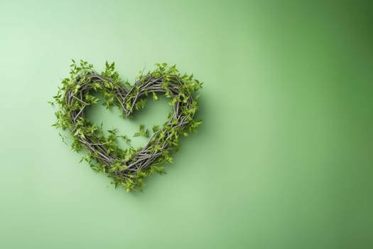 Valentine's day heart shaped natural tree branches with green fresh foliage banner postcard with empty space on green background. Generative AI.