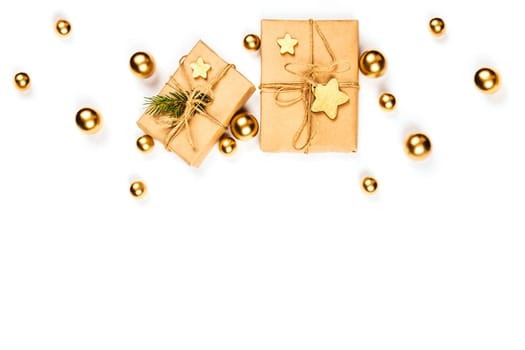 Christmas isolated background with Packed gifts and golden balls.