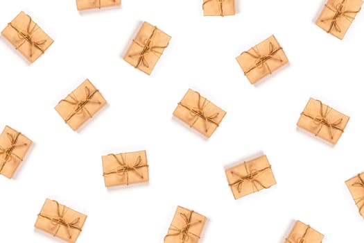 Pattern with Christmas gift boxes on isolated white background.