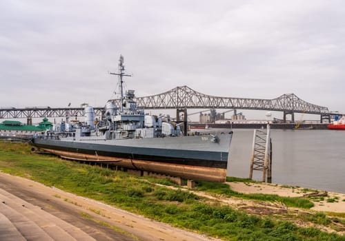 USS Kidd warship beached on the river bank of the Mississippi in low water in Louisiana, LA