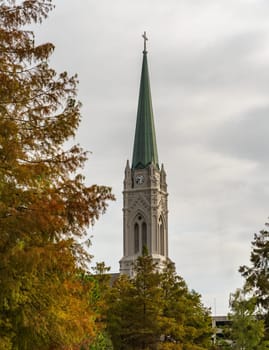Tall slender tower or spire of St Joseph cathedral in Baton Rouge, the state capital of Louisiana