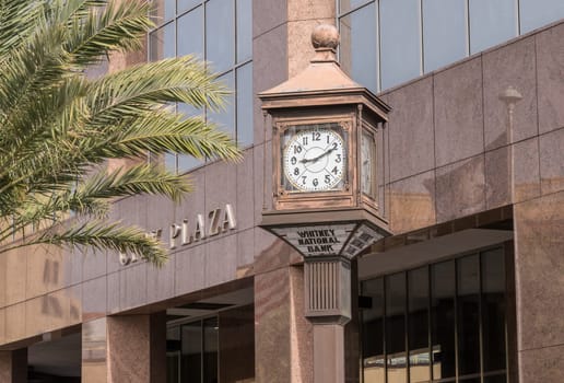 Baton Rouge, LA - 27 October 2023: Famous clock outside Whitney National Bank in the state capital of Louisiana