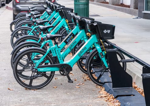 Baton Rouge, LA - 27 October 2023: Gotcha brand of electric bicycles for rent in the state capital of Louisiana